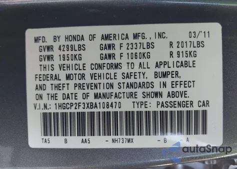 2011 Honda Accord 2.4 Lx из США, поврежденный, VIN 1HGCP2F3XBA108470